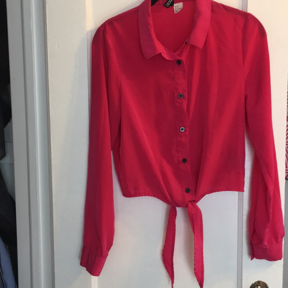 Hot pink button down crop tie shirt